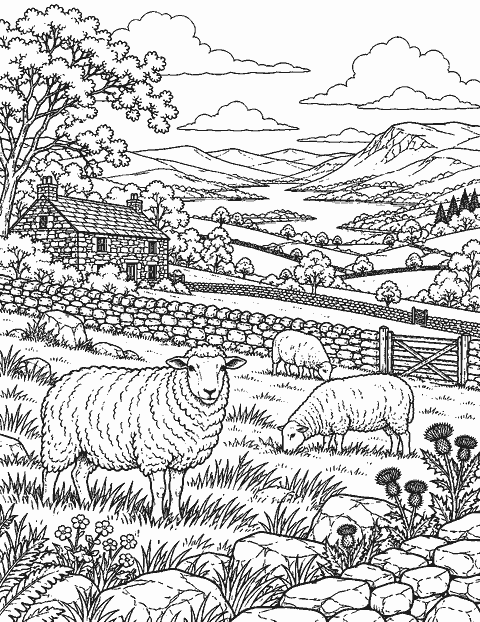 Pastoral hillside with sheep and stone walls coloring page