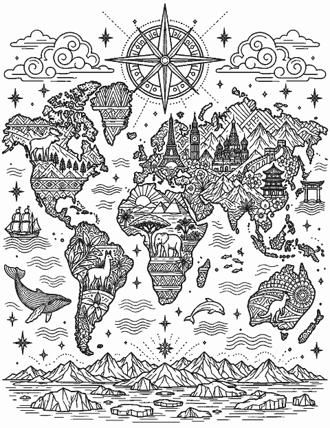 Patterned world map with landmarks and compass rose coloring page