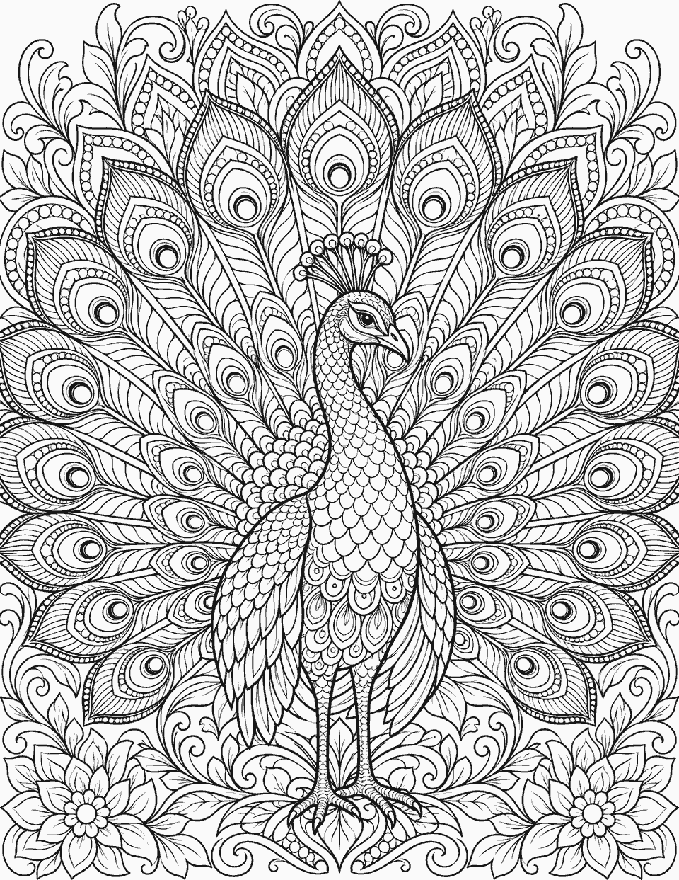 Peacock mandala coloring page, black and white line art
