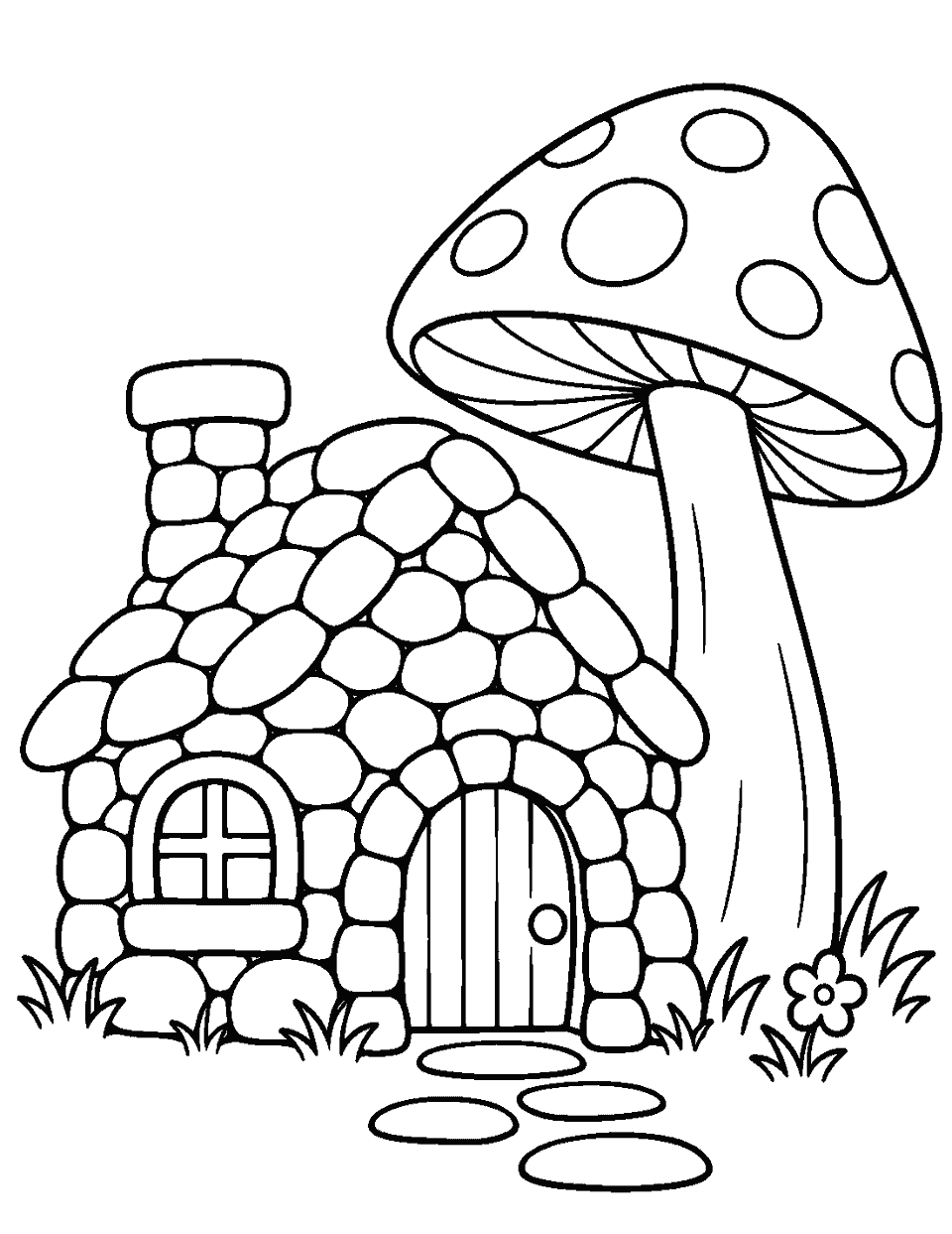 Pebble cottage beside one tall mushroom coloring page, black and white line art