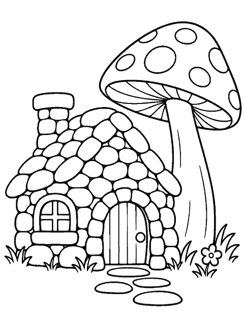 Pebble cottage beside one tall mushroom coloring page