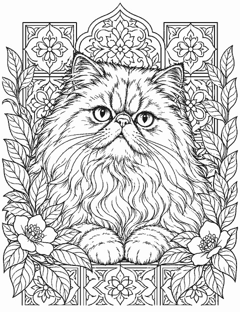 Persian cat portrait framed by patterned tiles and leaves coloring page
