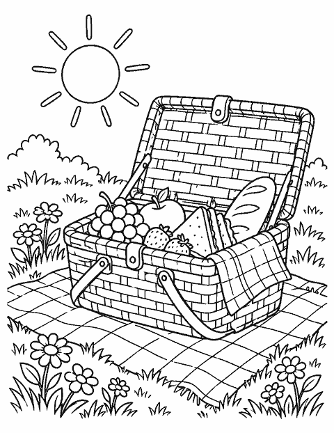 Picnic basket open in a sunny meadow coloring page
