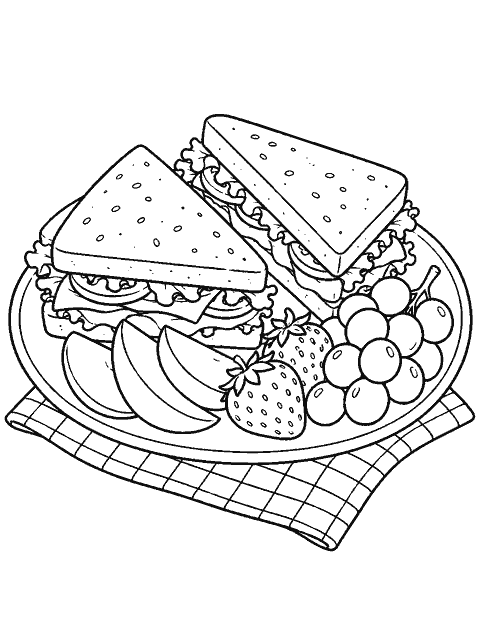 Picnic plate of sandwiches and fruit coloring page