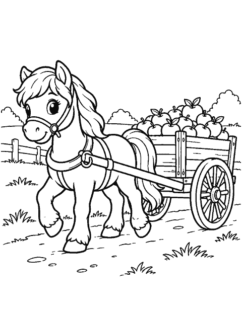 Pony pulling a cart of apples coloring page
