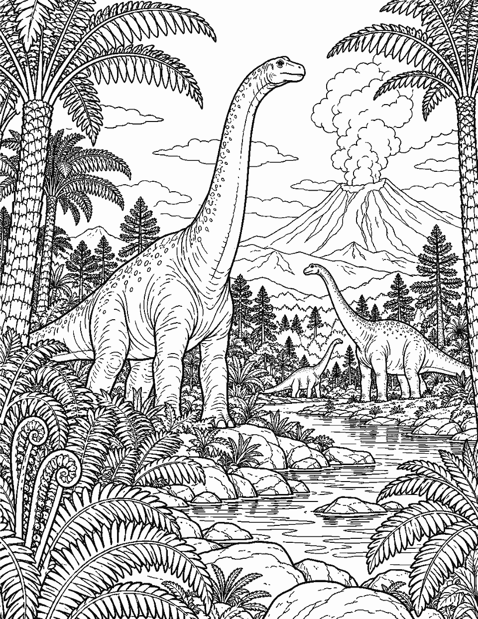 Prehistoric forest with volcano, ferns and sauropods coloring page, black and white line art