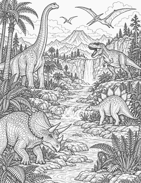 Prehistoric landscape with dinosaurs coloring page