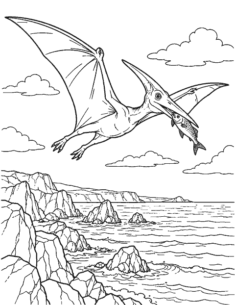Pterodactyl carrying a fish over cliffs coloring page