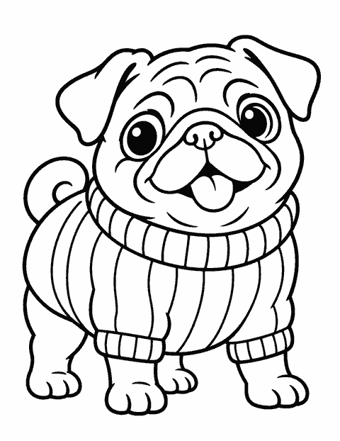 Pug in a cozy sweater coloring page