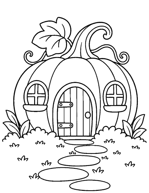 Pumpkin fairy house with a simple path coloring page