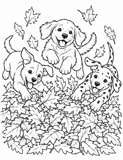 Puppies jumping in autumn leaves coloring page