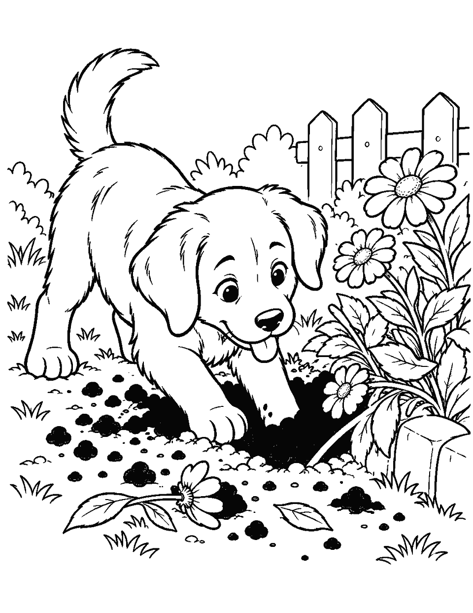 Puppy digging beside a flower bed coloring page, black and white line art