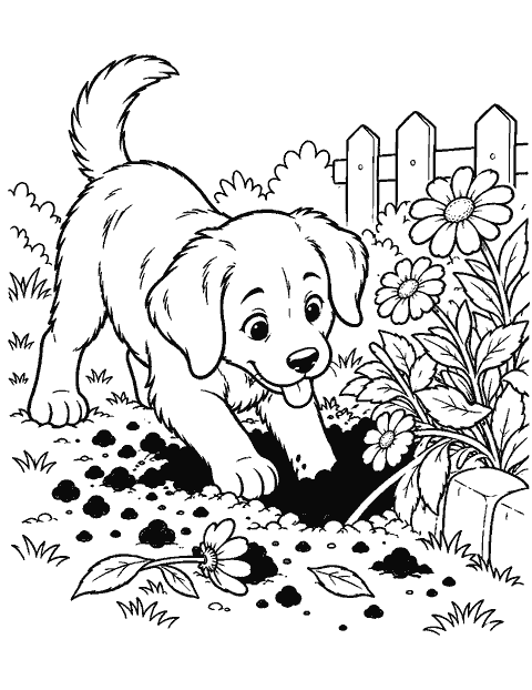Puppy digging beside a flower bed coloring page