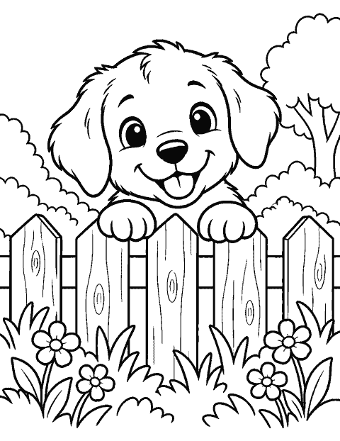 Puppy peeking from behind a fence coloring page