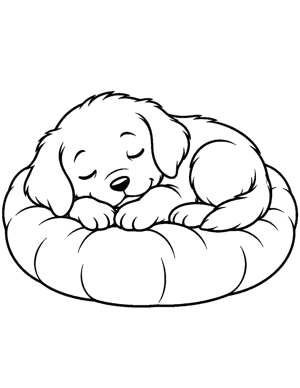 Puppy sleeping on a soft round pillow coloring page, black and white line art