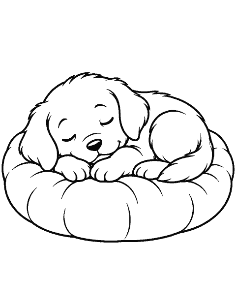 Puppy sleeping on a soft round pillow coloring page