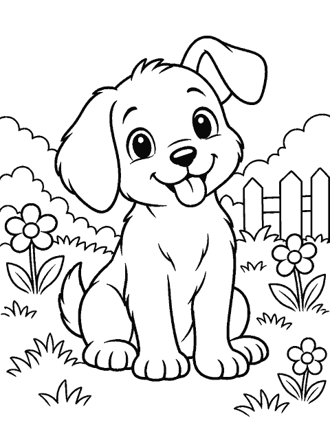 Puppy with one floppy ear sitting in a garden coloring page