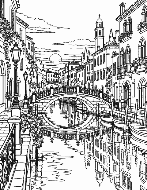 Quiet canal at dusk with bridges and reflected buildings coloring page