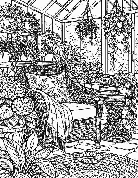 Quiet greenhouse lounge with wicker chair and plants coloring page