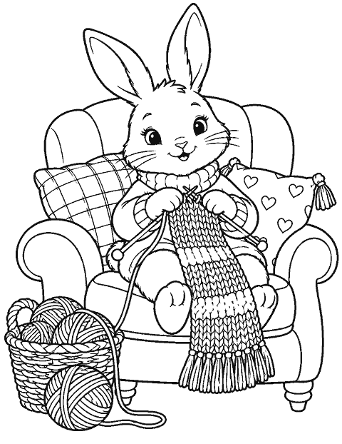 Rabbit knitting a scarf in an armchair coloring page