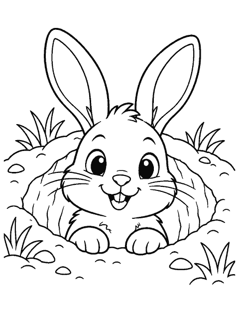 Rabbit peeking from a burrow coloring page