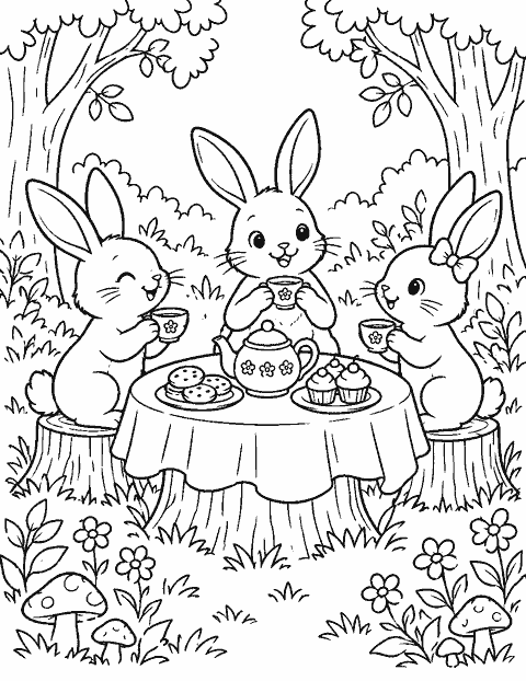 Rabbit tea party in a woodland clearing coloring page