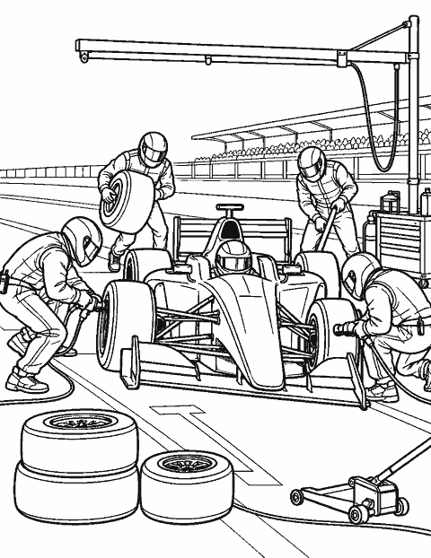 Race car pit stop with crew and equipment coloring page