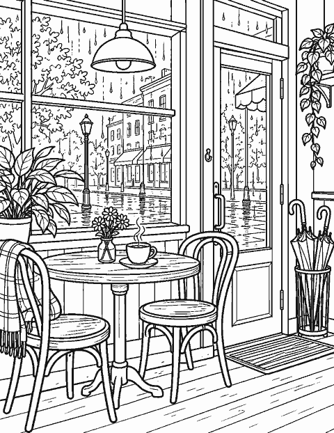 Rainy cafe scene with umbrellas by the door coloring page