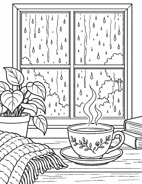 Rainy window beside a steaming tea cup coloring page