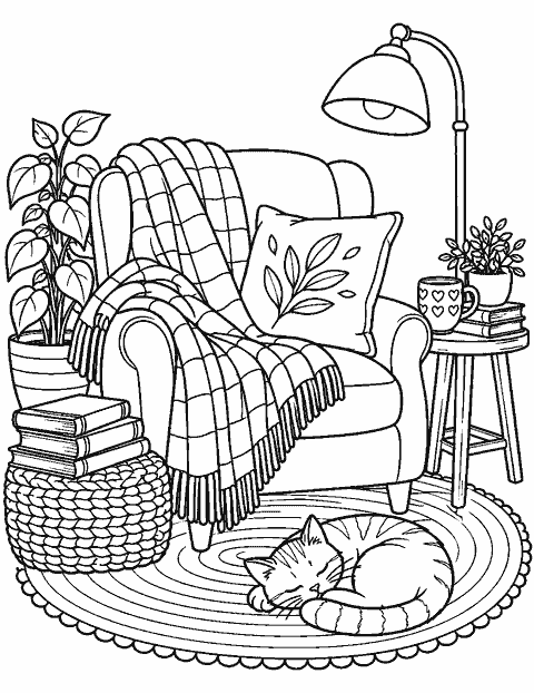 Reading nook with blanket, books and a lamp coloring page