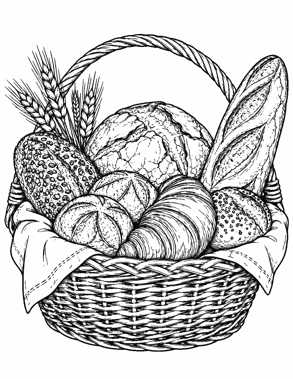 Realistic basket of bread with woven texture coloring page, black and white line art