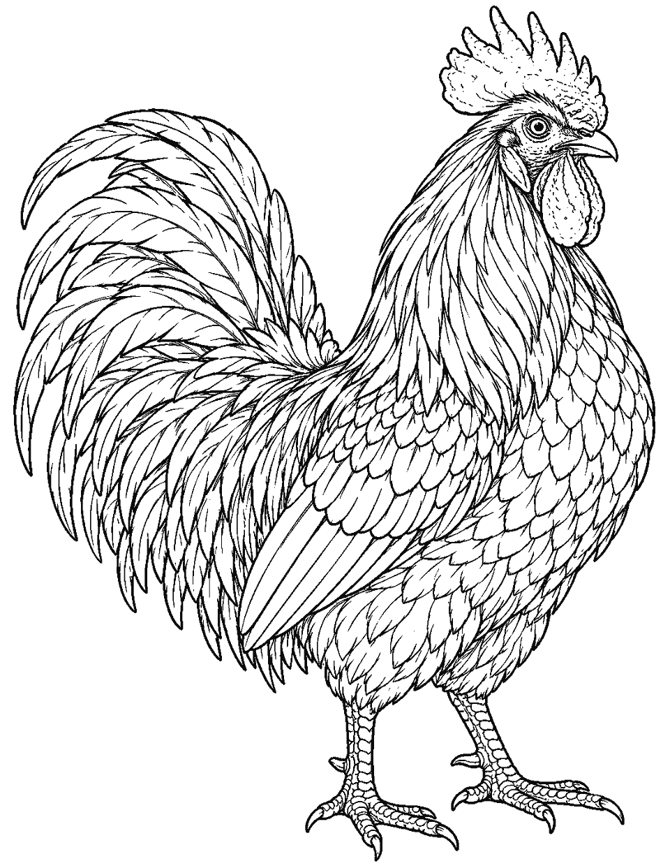 Realistic rooster portrait with layered feathers coloring page, black and white line art