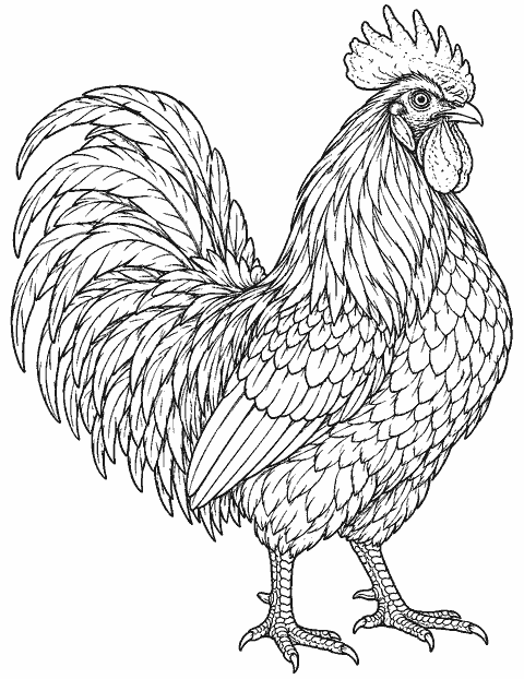 Realistic rooster portrait with layered feathers coloring page