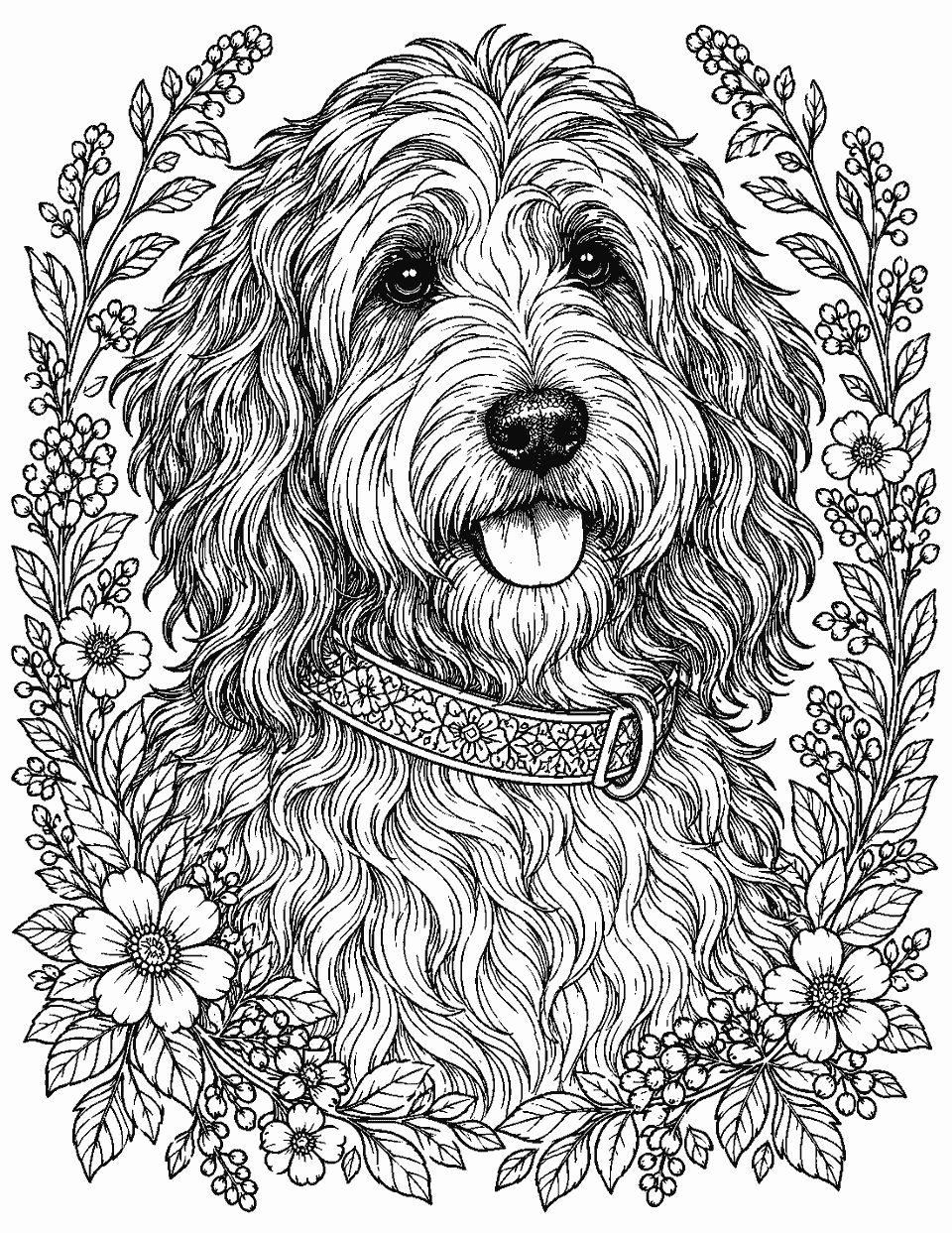 Realistic shaggy dog portrait with patterned collar coloring page, black and white line art
