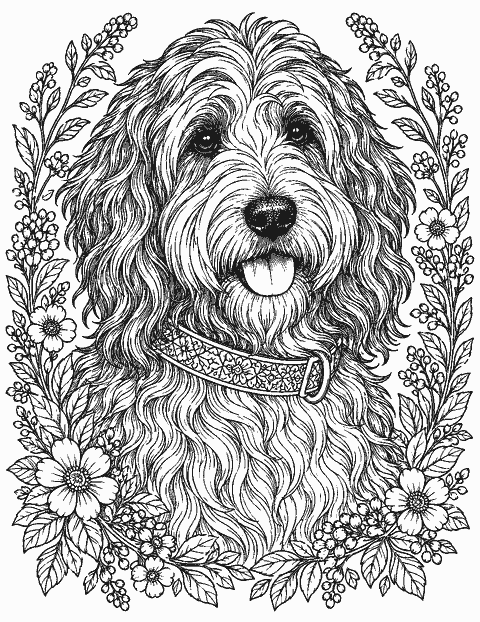 Realistic shaggy dog portrait with patterned collar coloring page
