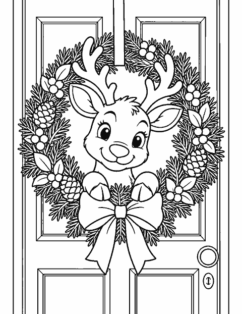 Reindeer peeking through a wreath on a front door coloring page