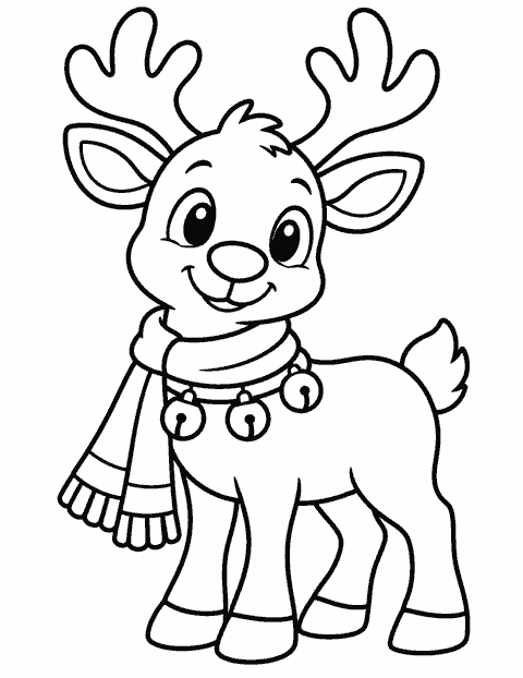 Reindeer with a scarf and jingle bells coloring page