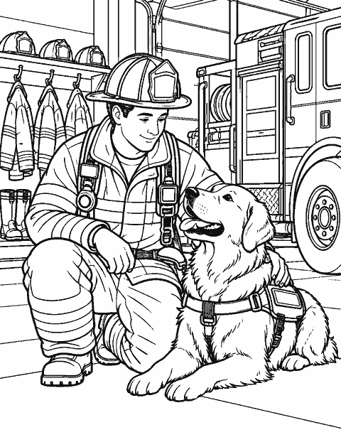 Rescue dog resting beside its handler at a fire station coloring page