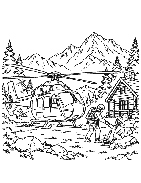 Rescue helicopter landing near a mountain cabin coloring page