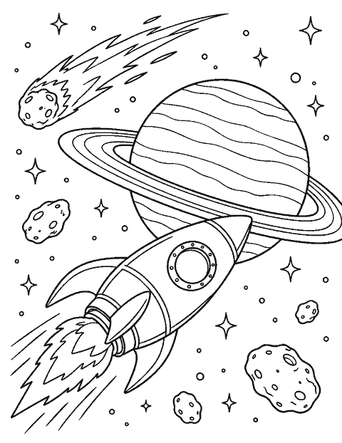 Rocket flying past Saturn and a comet coloring page