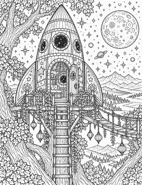 Rocket treehouse coloring page