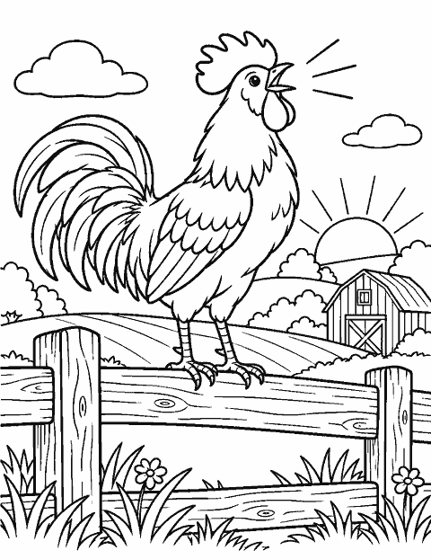 Rooster crowing from a wooden fence coloring page