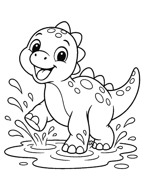 Round baby dinosaur splashing in a puddle coloring page