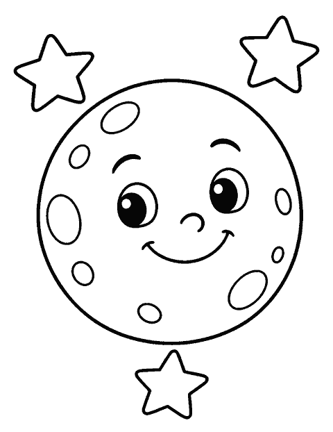 Round moon with a smiling face and three stars coloring page