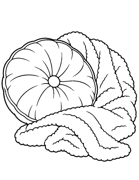 Round pillow beside a fluffy blanket coloring page