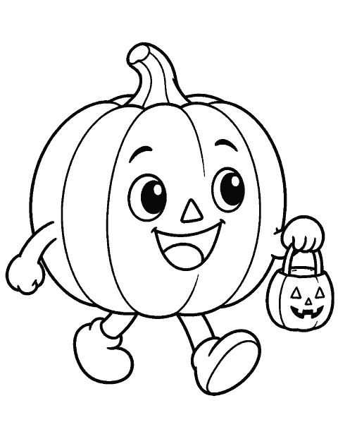 Round pumpkin carrying a tiny trick-or-treat bag coloring page