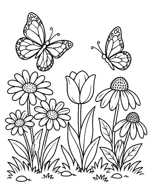 Row of garden flowers visited by two butterflies coloring page