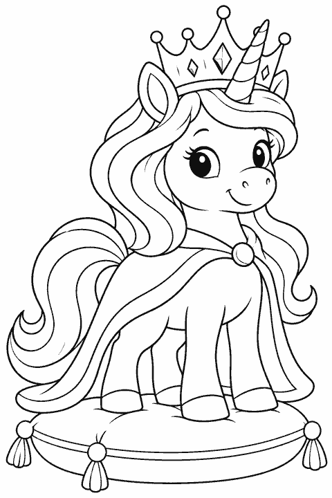Royal unicorn with a crown coloring page