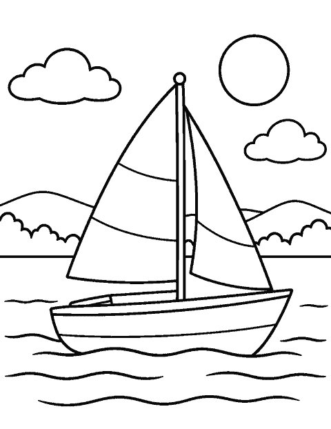 Sailboat crossing a calm lake coloring page