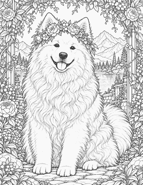 Samoyed with a flower crown coloring page